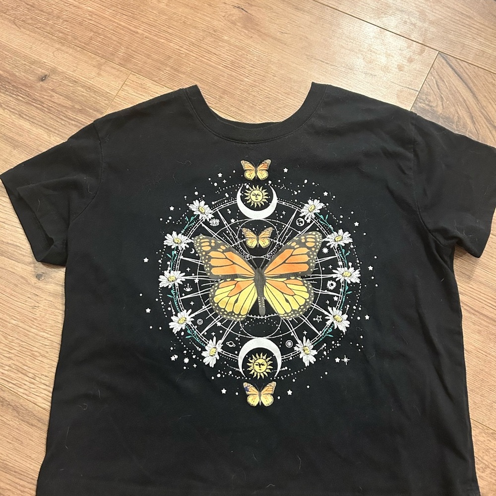 Self Esteem Black Tee with Butterfly and Floral Art